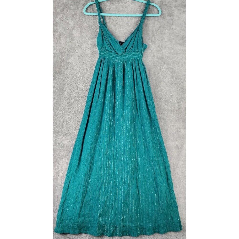 Cottura Dress Womens Medium Green Gold Metallic Breaded Strap Maxi